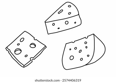 Various cheese simple doodle design. Cheese block, cheese slice. Cheddar. 
