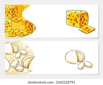 Various cheese types like brie and cheddar arranged in a pattern with central blank area, creating a colorful cheese-themed frame for branding or advertising. Vector illustration.