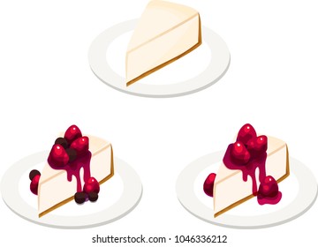 Various cheesecake slices on three plates. Classic plain, mixed berry, and strawberry. Isolated vector illustrations.