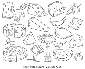 Verschiedene Käse Handgravur-Set. Milchprodukte Tintenskizze. Käse hart, weich, gealtert, frisch, Quark, saure Milch und verarbeitet. Käsekopf, Teil, Stück, Scheibe, Dreieck, Doodle-Stil, Vektorgrafiken