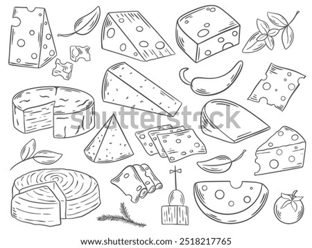 Various cheeses hand engraving set. Dairy products ink sketch. Cheeses hard, soft, aged, fresh, curd, sour milk and processed. Cheese head, part, piece, slice, triangle, doodle style, vector graphics