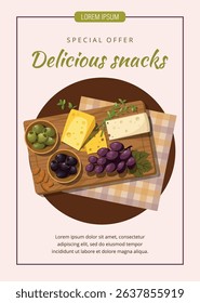 Various cheeses, nuts, olives and fresh grapes on a wooden cutting board. The concept of wine tasting.