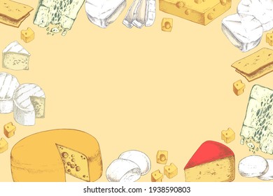 Verschiedene Käse mit Platz für Text.  Milcherzeugnisse. Vorlage für Postkarte, Banner, Poster, Webdesign, Menü. Handgezeichnete Vektorgrafik.
