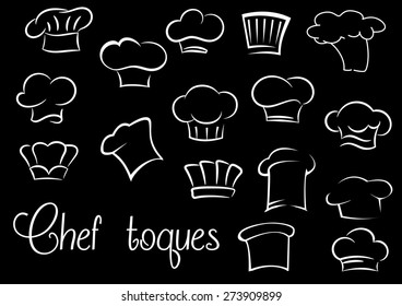 Various of chef toques and baker hats in doodle sketch style isolated on black background for cooking, restaurant or cafe decoration design