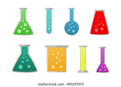 various chemical flasks with different liquid colors
