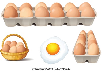 
Various chicken eggs in place and cooked ones