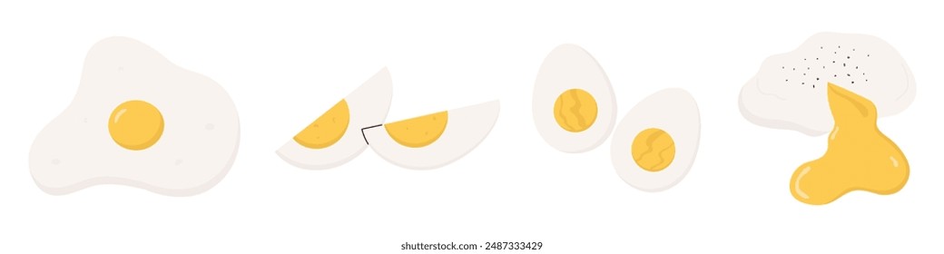 varios huevos de gallina, enteros, fritos, partidos por la mitad, huevo escalfado, yema de huevo, clara de huevo, fresco, ingrediente de cocina, producto orgánico, comida, desayuno, Ilustración vectorial