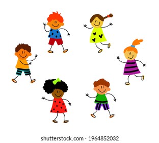 Verschiedene Kinder amüsieren sich auf weißem Hintergrund. Cartoon. Vektorgrafik.