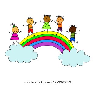 Various children play on the rainbow. Cartoon. Vector illustration.
