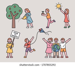 Various children's actions to protect the planet. flat design style minimal vector illustration.