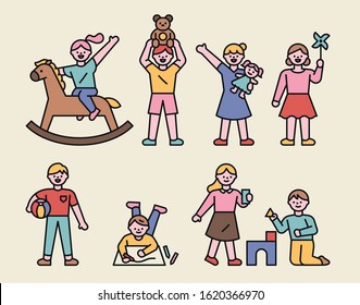 Various children's characters playing with toys. flat design style minimal vector illustration.