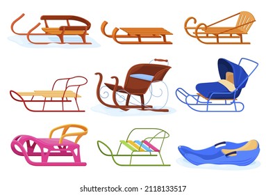 Various children's sledges collection vector flat illustration. Snow wooden plastic and metallic sledge set isolated. Winter seasonal classic childhood transport vehicle for outdoor leisure recreation