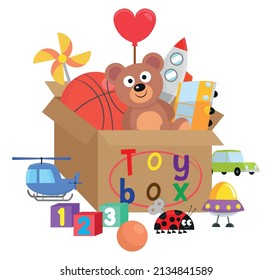 Various children's toys  inside and outside  the toy box