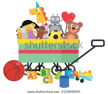 Various children's toys  inside and outside  the toy box
