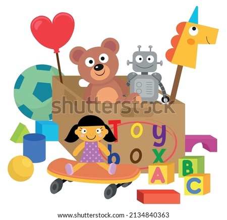 Various children's toys  inside and outside  the toy box