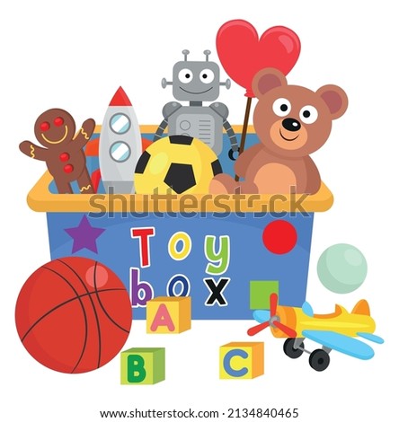 Various children's toys  inside and outside  the toy box