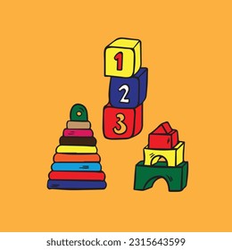 various children's toys with an orange background