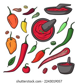 various Chili pepper vegetable and sambal chili sauce indonesian food cuisine handdrawn doodle 