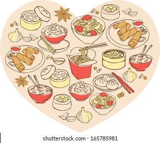 Various Chinese food arranged in heart shape