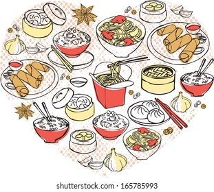 Various Chinese Food Arranged In Heart Shape