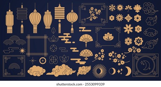 Various Chinese symbols with frames linear glyph icons collection. Symbolic Asian decorative ornaments objects set on black background