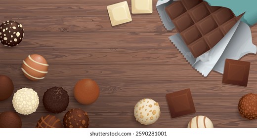 Various chocolate balls and chocolate bar top view on wooden background graphic illustration have blank space.