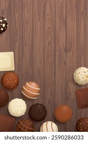 Various chocolate balls and chocolate bar top view on wooden vertical background graphic illustration have blank space.