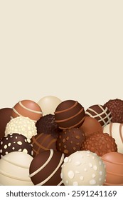 Various chocolate balls on cream vertical background graphic illustration have blank space.