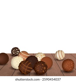 Various chocolate balls on cut timper with white square background graphic illustration have blank space.