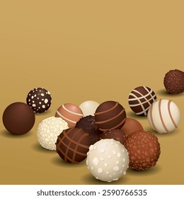 Various chocolate balls on golden background graphic illustration have blank space.