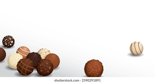 Various chocolate balls on white background graphic illustration have blank space.