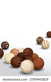 Various chocolate balls on white vertical background graphic illustration have blank space.