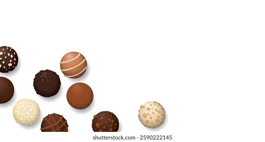 Various chocolate balls top view on white background graphic illustration have blank space.