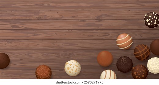 Various chocolate balls top view on wooden background graphic illustration have blank space.