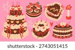 Various chocolate Cakes with cherry, cream, strawberry. Sweet tasty food. Hand drawn trendy Vector illustration. Isolated design elements. Party, wedding, anniversary, celebration, birthday concept