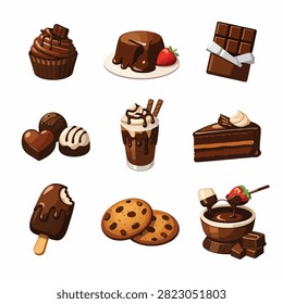 Various chocolate desserts including cakes muffins cookies and brownies on white background