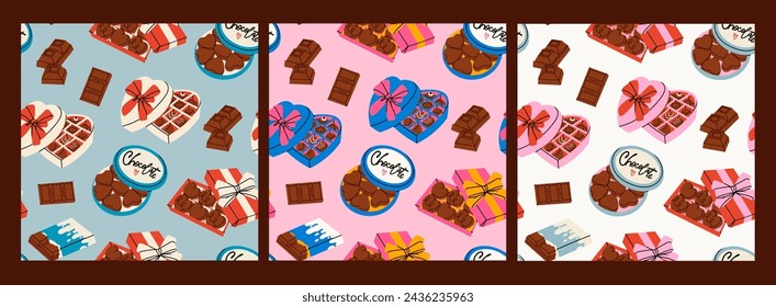 Varios Chocolate. Diferentes formas de chocolate. Caramelos en caja, barras y dulces. Sabrosos productos de cacao. Dibujado a mano ilustración vectorial de moda. Dulce y delicioso postre. Conjunto de tres patrones sin fisuras