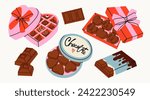 Various Chocolate set. Different shapes of chocolate. Candies in box, bars and sweets. Tasty cocoa products. Hand drawn modern Vector illustration. Sweet, delicious dessert. Isolated design elements