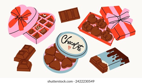 Various Chocolate set. Different shapes of chocolate. Candies in box, bars and sweets. Tasty cocoa products. Hand drawn modern Vector illustration. Sweet, delicious dessert. Isolated design elements