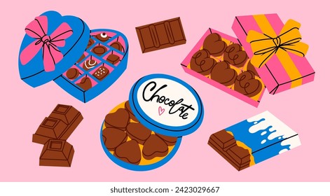 Various Chocolate set. Different shapes of chocolate. Candies in box, bars and sweets. Tasty cocoa products. Hand drawn modern Vector illustration. Sweet, delicious dessert. Isolated design elements