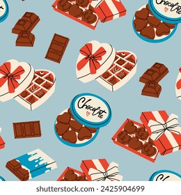 Various Chocolate set. Different shapes of chocolate. Candies in box, bars and sweets. Tasty cocoa products. Hand drawn trendy Vector illustration. Sweet, delicious dessert. Square seamless Pattern