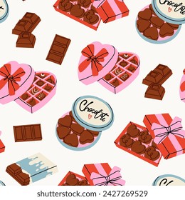 Various Chocolate set. Different shapes of chocolate. Candies in box, bars and sweets. Tasty cocoa products. Hand drawn trendy Vector illustration. Sweet, delicious dessert. Square seamless Pattern