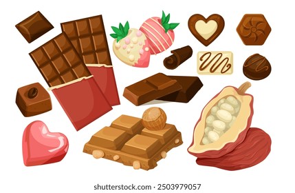 Various chocolate sweets on white background. Vector illustration