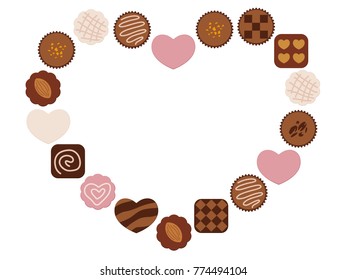 Various chocolates arranged as a heart-shape frame on a white background.