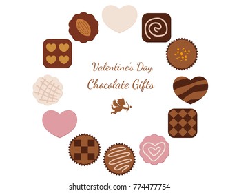 Various chocolates arranged as a round frame on a white background.