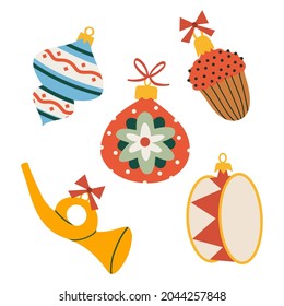 Various Christmas baubles in retro style. Vector hand drawn illustration in cartoon flat style. Isolated on white background.