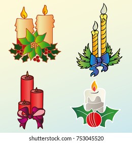 various christmas candles on blue background. merry christmas concept