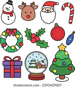 Various Christmas decorations and character illustration clip art
