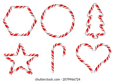 Various Christmas decorations and frames with candy cane patterns isolated on white background. Flat design vector illustration