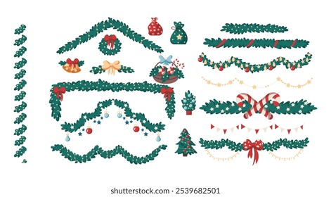 Varias guirnaldas de Navidad para puestos de color plano conjunto de objetos vectoriales. Decoraciones festivas de pino para ilustraciones de fiesta Paquete sobre fondo blanco